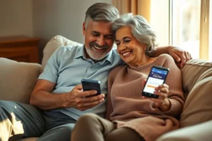 Casal de idosos brasileiros no sofá de casa, sorrindo com tranquilidade enquanto olham para um smartphone, sentindo-se seguros ao usar o aplicativo Caixa Tem.