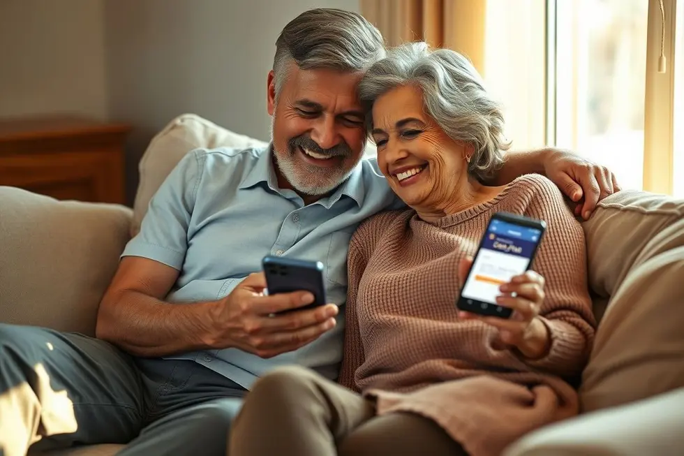 Casal de idosos brasileiros no sofá de casa, sorrindo com tranquilidade enquanto olham para um smartphone, sentindo-se seguros ao usar o aplicativo Caixa Tem.