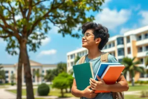 Estudante brasileiro olhando esperançoso para seu campus.