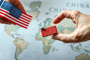 Mãos representando EUA e China trocando contêineres em miniatura com um selo de taxa, simbolizando as tarifas de Trump.