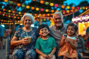 Uma família com avós e neto sorrindo e se divertindo no Arraiá do São Bernardo Plaza, sob luzes e bandeirinhas coloridas ao entardecer.