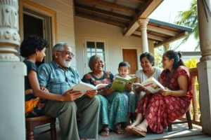 Família nordestina com três gerações, sorrindo e conversando na varanda de casa, representando força, união e esperança.