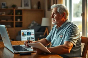 Homem de 50+ anos, torcedor do Fluminense, refletindo sobre suas finanças pessoais enquanto lê uma notícia sobre o sucesso financeiro do clube.