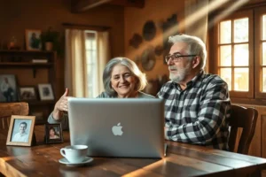 Casal de idosos sorrindo enquanto olham para a tela de um laptop em uma cozinha iluminada, transmitindo uma sensação de segurança financeira.