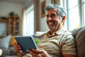 Um homem brasileiro sorridente, com cerca de 50 anos, sentado em um sofá e segurando um tablet que exibe uma partida de futebol.