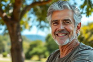 Homem brasileiro com mais de 50 anos, com aparência saudável e feliz, sorrindo para a câmera em um parque ensolarado.