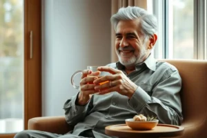 Homem sênior brasileiro, com aparência saudável e sorriso sereno, sentado em uma poltrona confortável enquanto segura uma xícara de chá de ervas.