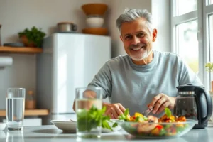 Homem de 58 anos sorrindo enquanto prepara uma salada saudável em sua cozinha, com uma jarra de chá de camomila ao lado.