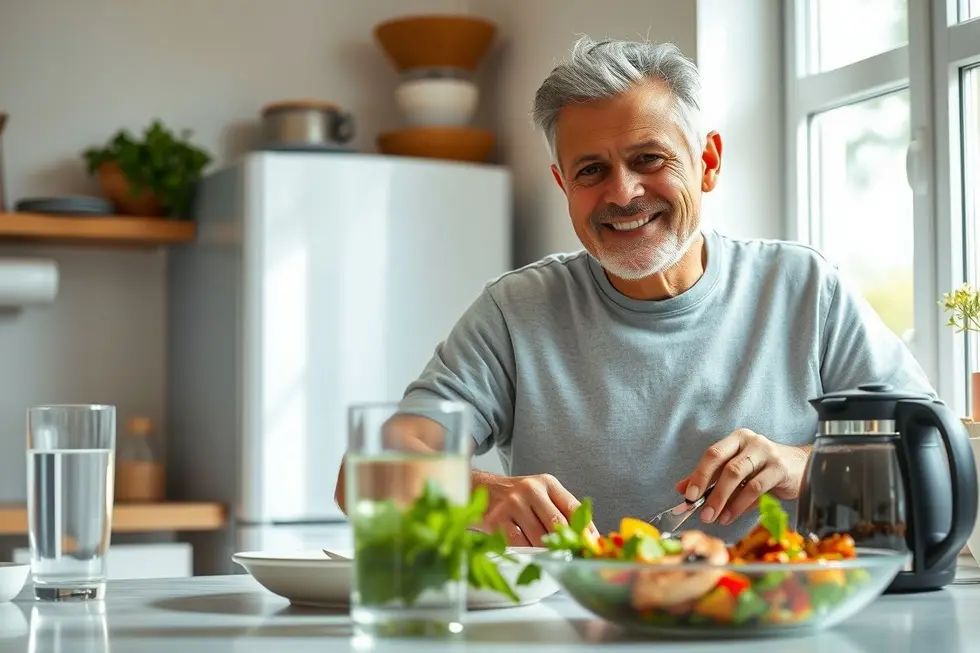 Homem de 58 anos sorrindo enquanto prepara uma salada saudável em sua cozinha, com uma jarra de chá de camomila ao lado.