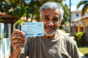 Um senhor brasileiro sorrindo com orgulho enquanto mostra sua CNH gratuita, representando a conquista da independência na terceira idade.