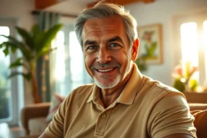 Retrato de um homem maduro sorrindo de forma confiante, representando saúde e recuperação após uma lesão como a luxação acromioclavicular.