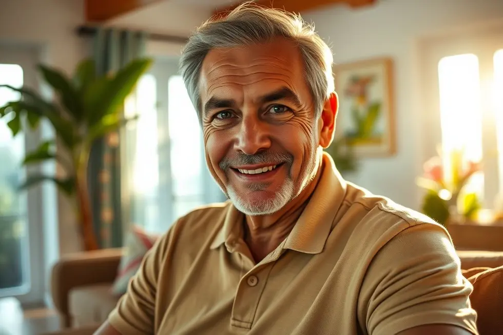 Retrato de um homem maduro sorrindo de forma confiante, representando saúde e recuperação após uma lesão como a luxação acromioclavicular.