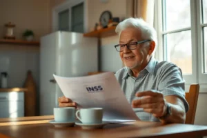 Homem idoso brasileiro sentado à mesa, com uma expressão otimista, planejando como participar do mutirão BPC do INSS.