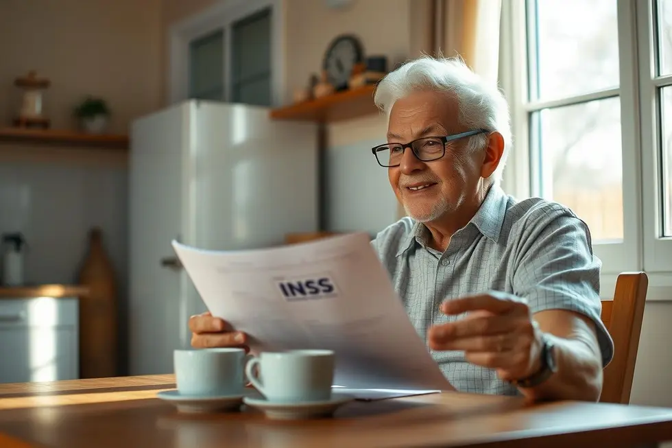 Homem idoso brasileiro sentado à mesa, com uma expressão otimista, planejando como participar do mutirão BPC do INSS.