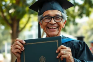 Idoso sorridente e orgulhoso, usando beca e capelo, segura seu diploma universitário em um campus.