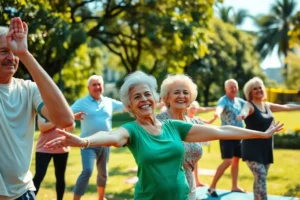 Grupo de idosos brasileiros sorrindo e se exercitando em um parque ensolarado, demonstrando saúde e vitalidade na terceira idade.