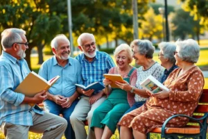 Grupo de idosos felizes socializando em um parque de São Bernardo, representando as diversas atividades gratuitas disponíveis na cidade.