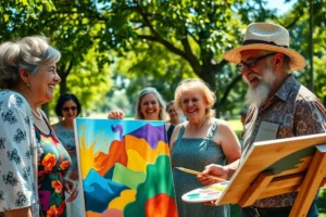 Grupo de idosos felizes e ativos participando de uma aula de pintura ao ar livre em um parque, representando o lazer na aposentadoria.