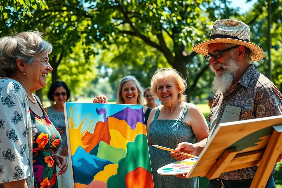 Grupo de idosos felizes e ativos participando de uma aula de pintura ao ar livre em um parque, representando o lazer na aposentadoria.