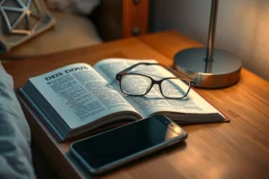 Um par de óculos de leitura sobre um livro aberto ao lado de um celular virado para baixo, iluminado por uma luz quente de abajur.