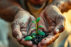 Mãos de um homem mais velho, com algumas rugas, segurando com cuidado um pequeno broto de planta que nasce da terra.