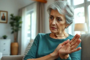 Mulher brasileira idosa, sentada em uma sala, olhando para a própria mão com uma expressão pensativa e esperançosa, representando a nova compreensão da psoríase.