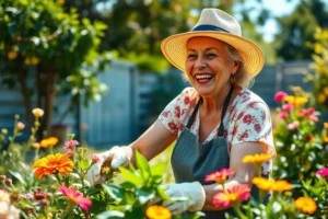 Mulher idosa sorrindo em um jardim ensolarado, representando a qualidade de vida e o bem-estar que a prevenção à saúde proporciona.