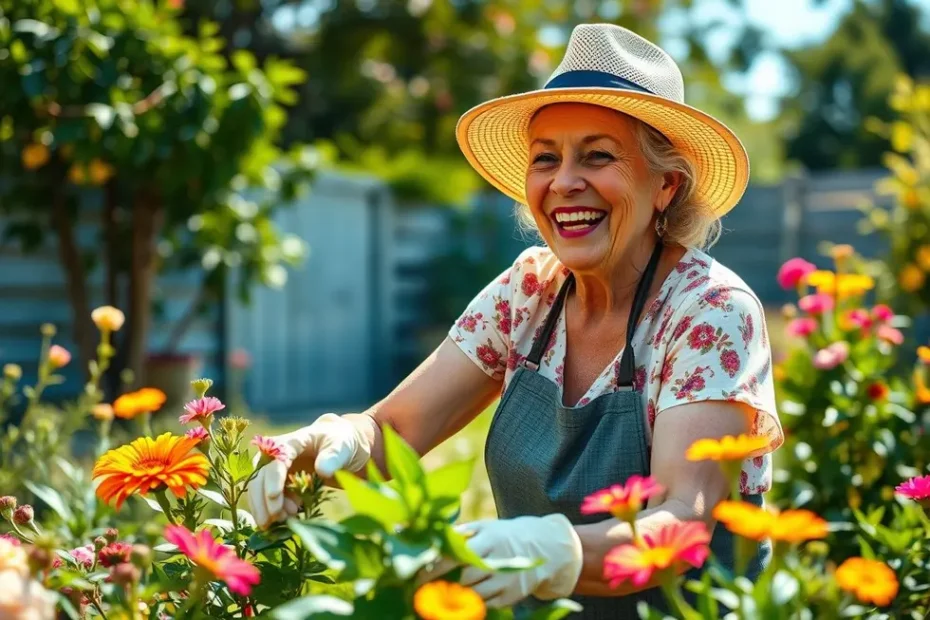 Mulher idosa sorrindo em um jardim ensolarado, representando a qualidade de vida e o bem-estar que a prevenção à saúde proporciona.