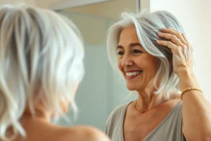 Mulher sorridente com mais de 50 anos e cabelos grisalhos saudáveis, olhando-se no espelho com expressão de contentamento.