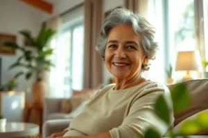 Uma mulher brasileira sorridente, com cerca de 58 anos, sentada em uma sala de estar. Ela transmite confiança e saúde na maturidade.
