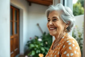Mulher brasileira na faixa dos 60 anos, com um sorriso sereno, olhando pela janela. A imagem transmite esperança e bem-estar.