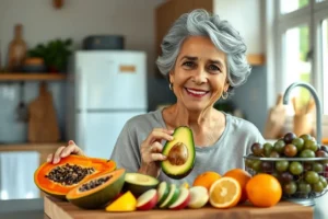 Mulher madura sorrindo em sua cozinha, com uma variedade de frutas frescas como maçã, mamão e laranja à sua frente, simbolizando uma alimentação saudável para o controle do colesterol.