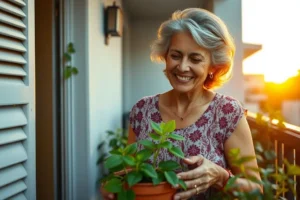 Mulher madura sorrindo enquanto cuida de suas plantas em uma varanda ensolarada, simbolizando o bem-estar e o alívio natural da TPM.