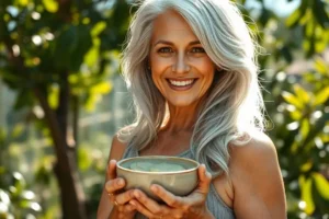 Mulher madura sorridente, com cabelos grisalhos e saudáveis, segurando uma tigela com uma receita caseira para cabelo em um jardim.