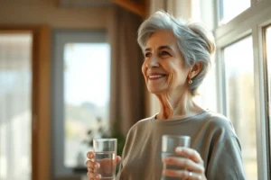 Mulher brasileira madura e sorridente, segurando um copo d'água perto de uma janela ensolarada, representando saúde e qualidade de vida.