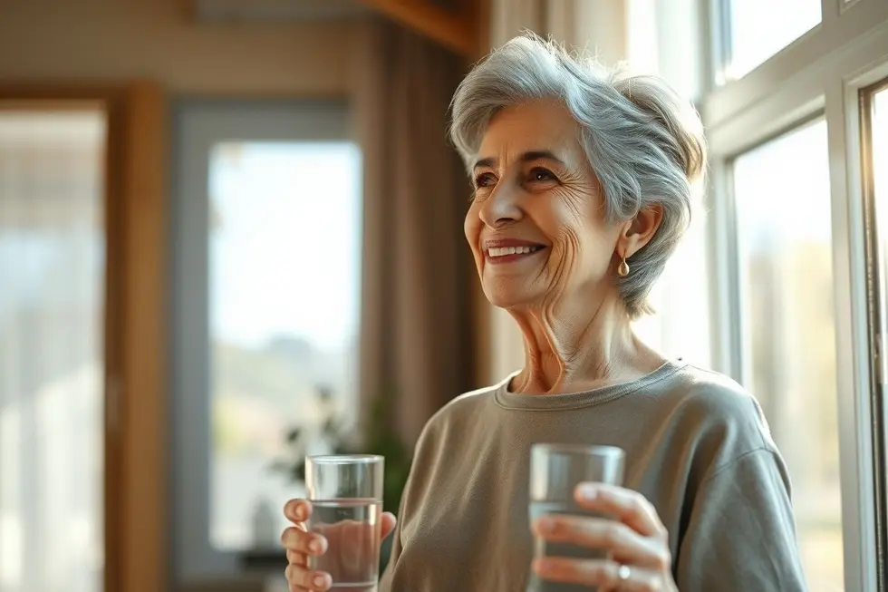 Mulher brasileira madura e sorridente, segurando um copo d'água perto de uma janela ensolarada, representando saúde e qualidade de vida.