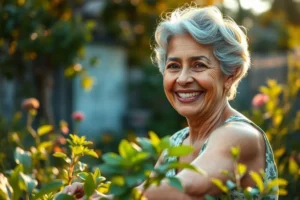 Mulher de 50 e poucos anos, sorrindo e com aparência saudável, cuidando de plantas em um jardim ensolarado, representando qualidade de vida.