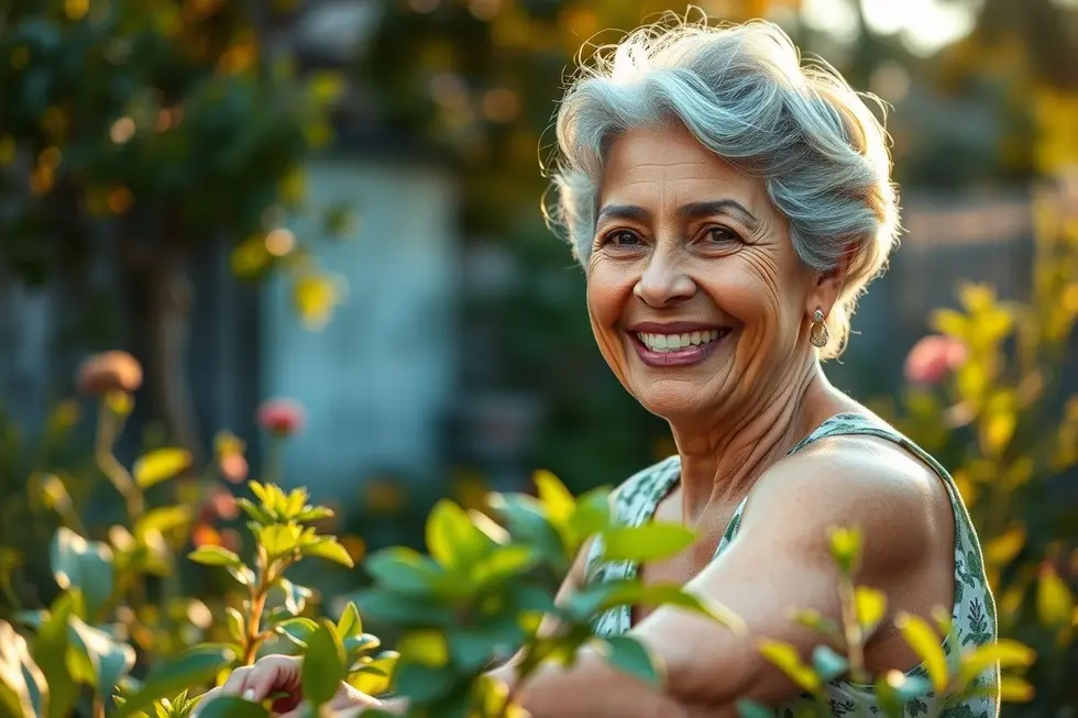 Mulher de 50 e poucos anos, sorrindo e com aparência saudável, cuidando de plantas em um jardim ensolarado, representando qualidade de vida.