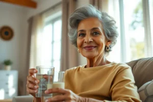 Mulher brasileira de 50 e poucos anos, sentada em uma sala iluminada, segurando um copo de água com um sorriso sereno, transmitindo uma sensação de esperança e controle sobre sua saúde.