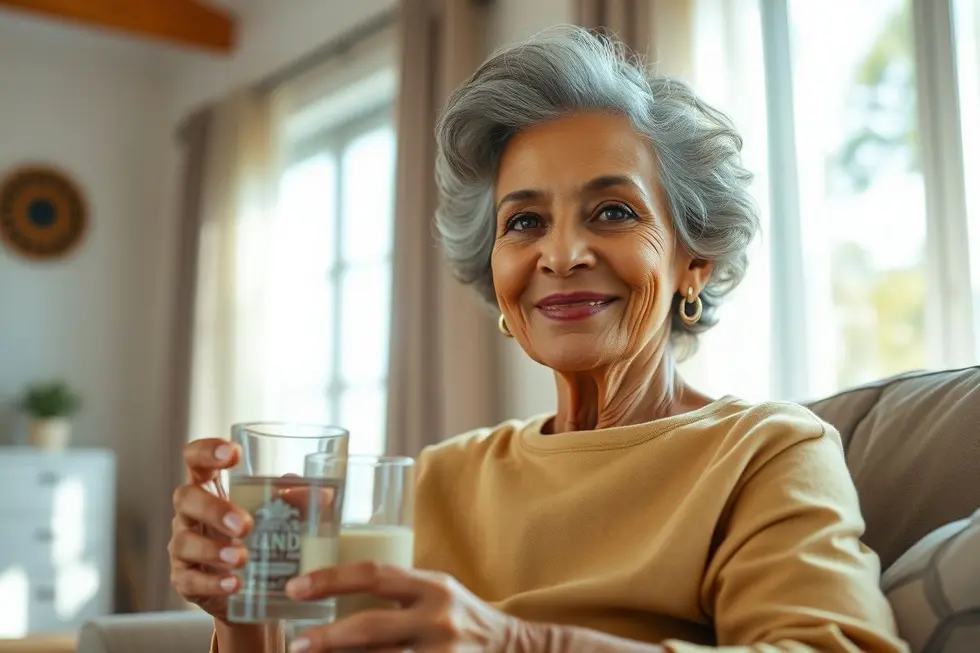 Mulher brasileira de 50 e poucos anos, sentada em uma sala iluminada, segurando um copo de água com um sorriso sereno, transmitindo uma sensação de esperança e controle sobre sua saúde.