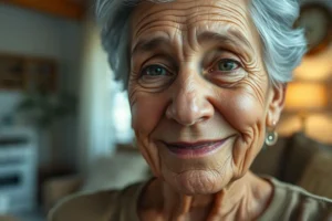 Fotografia de uma pessoa madura com um sorriso gentil, demonstrando calma apesar de ter a boca levemente inchada, representando o tema do artigo sobre causas e cuidados.