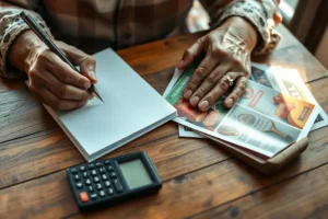 Mãos de uma senhora escrevendo uma lista de compras em um caderno, com panfletos de supermercado e uma calculadora ao lado.