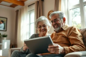 Casal de aposentados brasileiros sorrindo, sentados em um sofá, demonstrando segurança financeira e tranquilidade na aposentadoria.