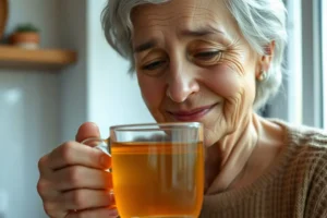 Uma senhora de 60 anos sorrindo suavemente enquanto segura um copo com um líquido morno, sentindo-se aliviada após um gargarejo para a tosse.