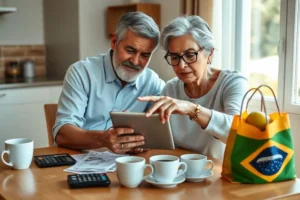 Casal brasileiro maduro na cozinha, planejando suas finanças juntos com um tablet, demonstrando união e resiliência.