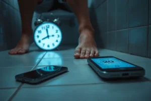 Imagem mostrando um celular no chão do banheiro e um relógio ao fundo, simbolizando o tempo excessivo gasto no vaso sanitário por causa da distração.