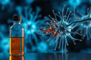 Representação gráfica de neurônios sendo limpos por partículas brilhantes, com um frasco de xarope desfocado ao fundo, simbolizando a pesquisa sobre ambroxol e Parkinson.