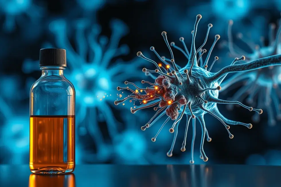 Representação gráfica de neurônios sendo limpos por partículas brilhantes, com um frasco de xarope desfocado ao fundo, simbolizando a pesquisa sobre ambroxol e Parkinson.